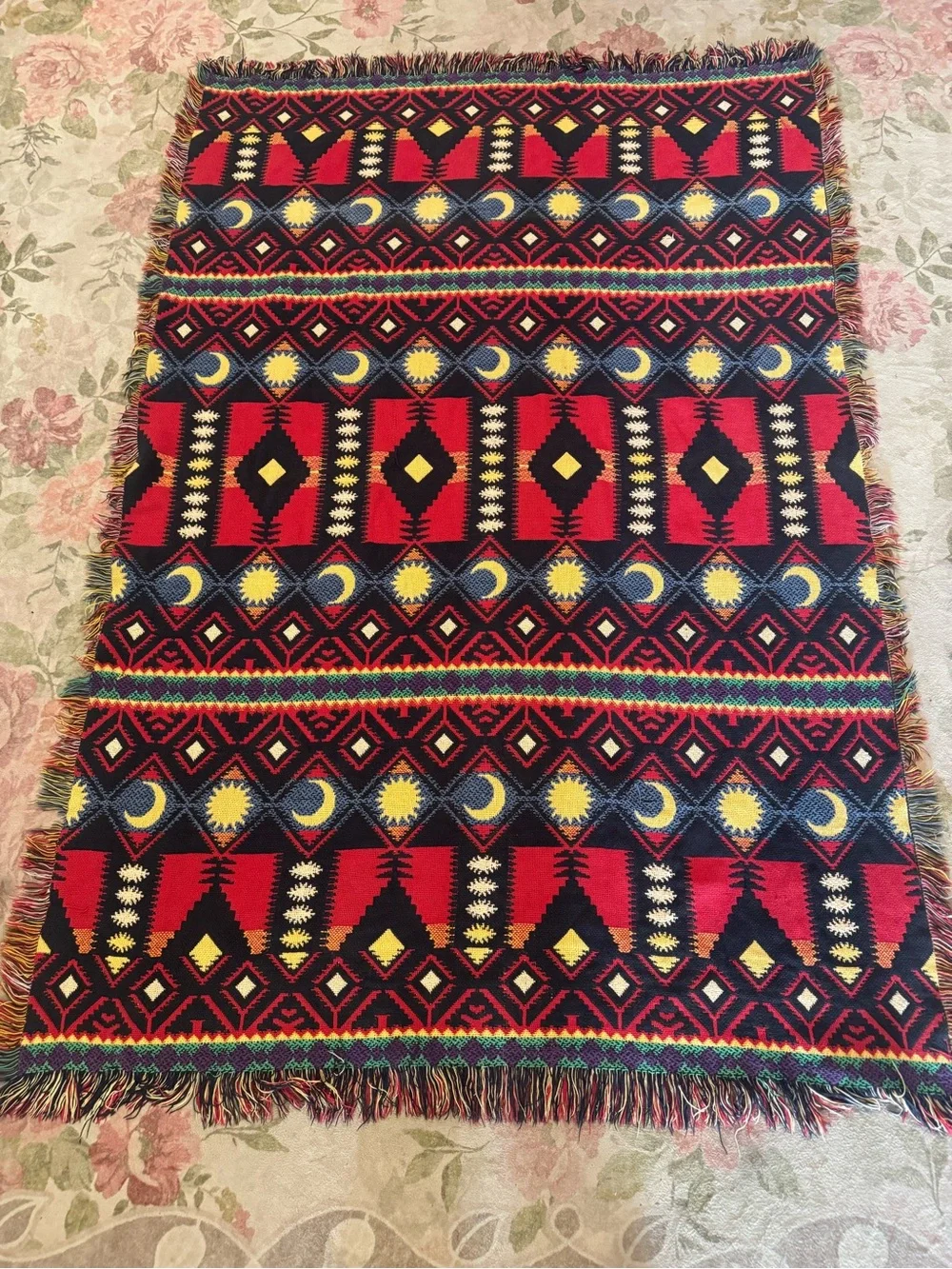 Vintage 90’s Woven Cotton Throw Blanket Boho Tribal Geometric celestial